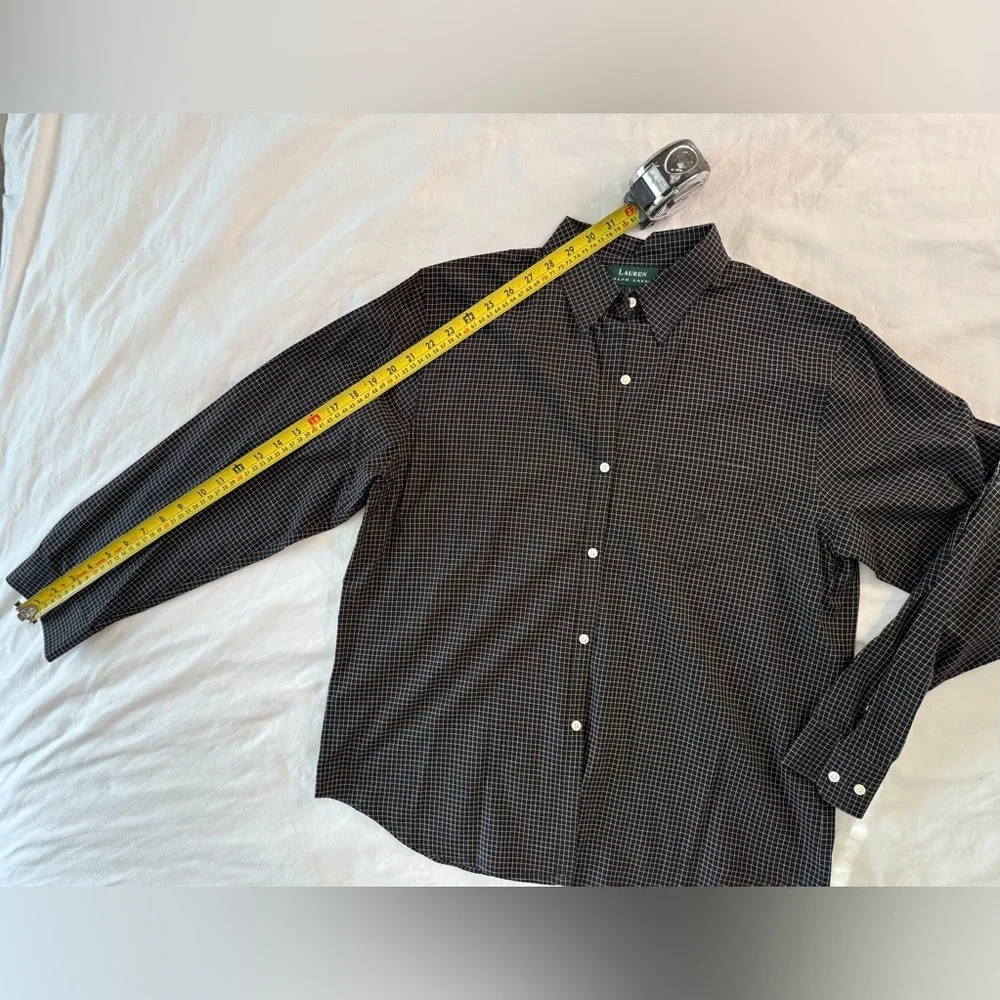 Lauren Ralph Lauren Women’s Black Grid Check Button Down Blouse Size L - Picture 7 of 13